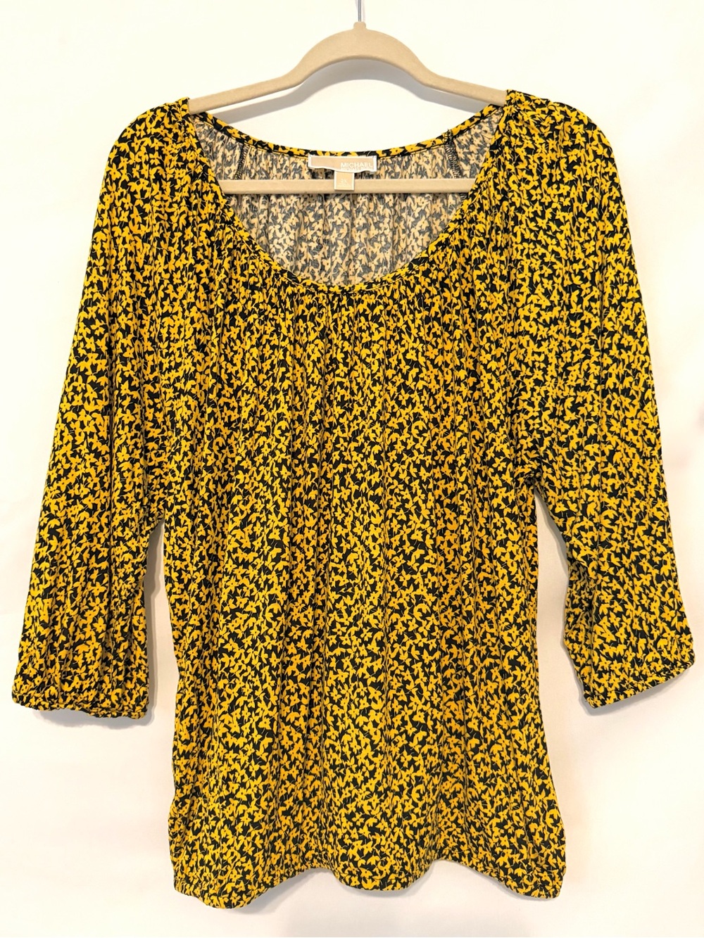Michael Kors Women's Floral Peasant Blouse 2X Plus Yellow Black 3/4 Sleeve